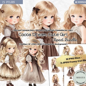 Cocoa Dream Cute Girl Clipart, Outono, Ação de Graças, Halloween, Vintage, Victoria, Corte Fussy, Moda, Dolly, Scrapbook PNG para impressão