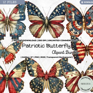 Schmetterling Clipart Set, Retro, Vintage, 4. Juli Blau Rot Weiße Sterne Streifen Amerikanische Flagge Aquarell PNG Scrapbook Junk Journal