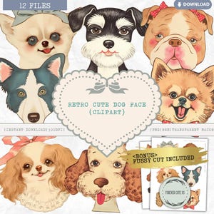 Retro Cute Dog Face Clipart, Cutie Puppy Face, Doggo, Pupper, Kawaii, Pet Portrait, Head, Fur Baby, PNG, Printable Scrapbooking Junk Journal