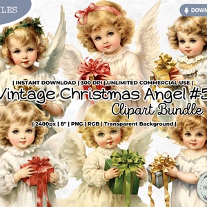 Vintage Christmas Angel Clipart Bundle, Girl, Present, Gifts, Victorian Dress, Holidays, Winter, PNG, Scrapbook, Junk Journal Paper Crafts