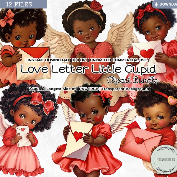 Love Letter Little Cupid Clipart, Angel, Valentine's Day, Wedding, Love, Heart, Vintage, Retro, Cherub, Black Girl, Afro American, African