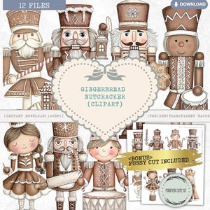 May include: A selection of gingerbread nutcracker clipart illustrations in brown and tan hues. The image features diverse nutcracker designs, a heart-shaped label with text, and extra small illustrations. The text reads "GINGERBREAD NUTCRACKER (CLIPART)".