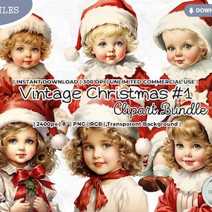 Vintage Christmas Clipart Bundle, Boy, Girl, Santa Hat, Holly, Berries, Victorian, Holidays, Winter, PNG, Junk Journal Crafts Scrapbooking