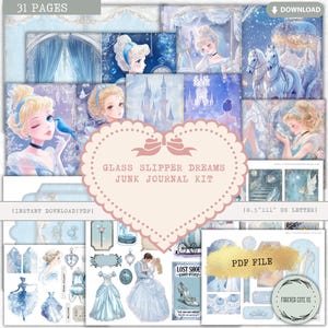 Glazen muiltje Dreams Junk Journal Kit, dansende prinses, sprookje, geïnspireerd door Assepoester, afdrukbaar digitaal dagboekpapier, kortstondige, kieskeurige snit