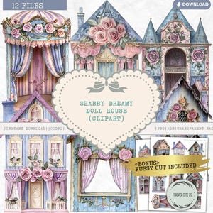 Shabby verträumte Puppenhaus Clipart, Papier Puppenhaus, Puppenhaus, Aquarell bedruckbar, Shabby Chic, Vorhang, verträumt, Sammlerstück, digitale PNG