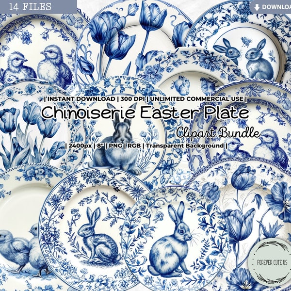 Chinoiserie Easter Plate Watercolor Clipart, Vintage, Dinnerware, Tea Party, Blue White, Ming Dynasty, Asian, Floral, Chinese Porcelain, PNG