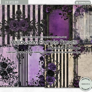 Halloween Lila Rosen Junk Journal Collage Sheet, Vintage, Retro, Dark Gothic, Goth, schwarze Rosen, Spitzen, viktorianisches, druckbares digitales Papier