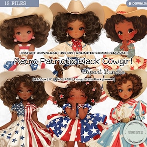 Retro Patriotic Black Cowgirl Clipart, Black Girl, Afro American, Vintage, Americana, Wild West, 4th Of July, PNG, Scrapbook, Junk Journal