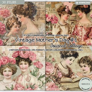Vintage Mother&#39;s Day Junk Journal Collage Sheet, Motherhood, Daughter, Carnation, Mom, Mum, Victorian, Shabby Printable Junk Journal Paper