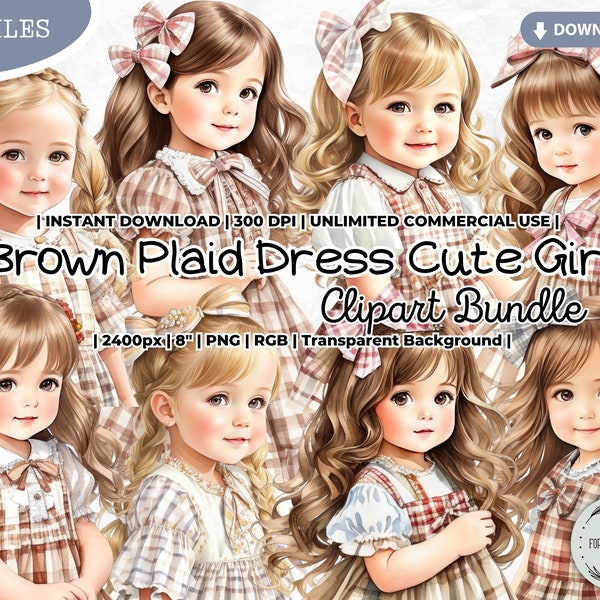 Brown Plaid Dress Little Girl Clipart Bundle, Pumpkin Patch, Gingham, Easter Egg Hunt, Thanksgiving, Fall, Halloween, PNG Junk Journal