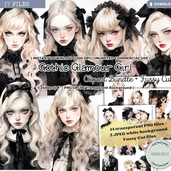 Gothic Glamour Girl Clipart Bundle, Dark, Goth Girl, Kawaii, Manga, Doll, Fashion, Victorian, Printable, PNG Scrapbook Junk Journal Craft