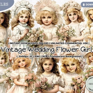 Vintage Wedding Flower Girl Clipart Bundle, Shabby, Doll, Fashion, Victorian, Antique, Digital, Printable, PNG, Scrapbook Junk Journal Paper