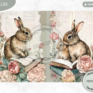 Bookworm Bunny Junk Journal Collage Sheets Bundle, Rabbit, Pastel ...