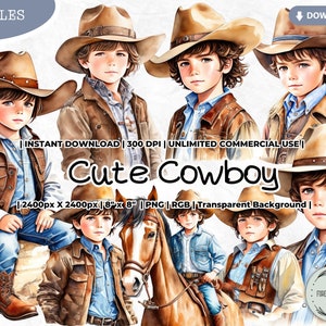 Cute Cowboy Clipart Bundle, Baby Cowboy Clipart, Watercolor Cowboy Clipart, Western Cowboy Png, Cowboy Clipart, Little Cowboy Sublimation