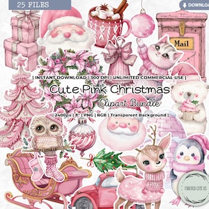 Lindo clipart de Navidad rosa, reno, gato, perro, zorro, búho, ratón, conejito, carta a Papá Noel, camión, árbol, corona, oso polar, trineo PNG