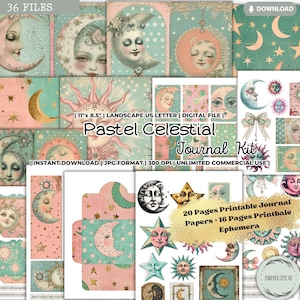 Pastel Celestial Junk Journal Kit, Moon Sun Star, Afdrukbaar papier, pagina's, scrapbooking, kaart, label, label, zak, sticker, kortstondige, digitaal