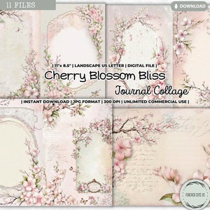 Hoja de collage de diario basura Cherry Blossom Bliss, Sakura, Shabby, Flor, Florales, Primavera, Kit de diario, Scrapbooking, Paquete de papel digital