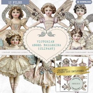 May include: A set of 12 digital clipart images featuring Victorian angel ballerinas with wings and intricate details. The images are in a vintage style and have a light brown and cream color scheme. The text "Victorian Angel Ballerina (Clipart)" is displayed in a heart-shaped frame.