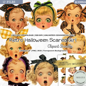Retro Halloween Angst Mädchen Clipart, Vintage Baby-Mädchen Puppenkopf, niedliches schreiendes Überraschungsgesicht, Mode Papierpuppe, PNG Scrapbook, wählerischen Schnitt