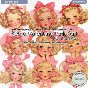Retro Valentine Pink Girl Clipart, Vintage, Classic, Retro Little Girl Doll Head, Antique, Cute, Heart, Bow, 1940s, Fashion, Paper Doll, PNG