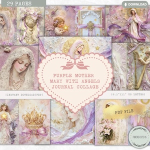 Paarse moeder Maria met engelen ongewenste dagboek collageblad, pastelroze lavendel, Maagd Maria kruis katholiek gebed dankbaarheid religieus papier