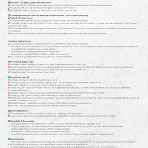 May include: A document outlining the terms of use for clipart purchased from the shop "Forever Cute US". The document includes sections for personal use, commercial use, selling digital items, prohibited uses, file modifications, copyright and ownership, refund policy, and contact information. The document is written in black text on a white background.