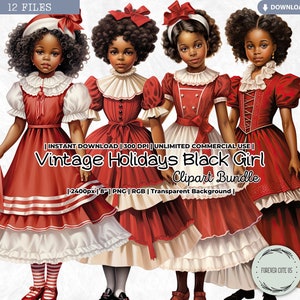 Vintage Holidays Black Girl Clipart Set, Paper Doll, Winter, Christmas, Victorian Era, Nostalgic, Dress Up, Fashion, Planner, PNG, Digital