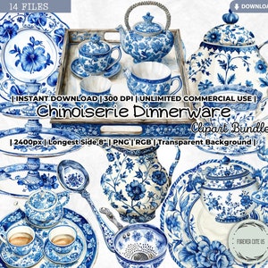 Chinoiserie-servies aquarel clipart, vintage, kopje thee, theekransje, blauw wit, Ming-dynastie, oriëntalisme, bloemen, kopje Chinees porselein