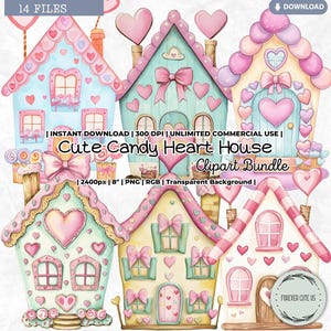 Clipart di una graziosa casa a forma di cuore di caramelle, San Valentino, pastello, colorato, dolce, biscotti, casa di pan di zenzero, dessert, cottage, acquerello PNG