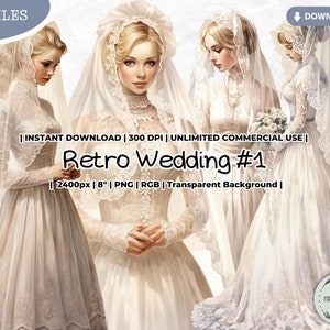 Pacote de clipart de casamento retrô, vitoriano, noiva, vestido, véu, catedral, renda, buquê, vintage, boneca de papel, scrapbook, lixo, diário, papel PNG