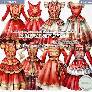 Conjunto de clipart de vestido quebra-nozes, Natal, inverno, feriados, tradicional, soldado, traje real, conjuntos clássicos, traje sazonal, bailarina