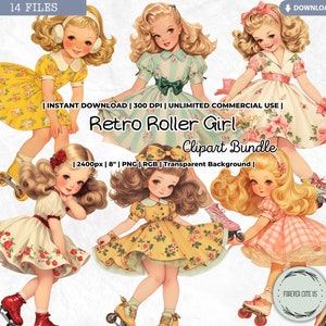 Clipart retro roller meisje, old school skater, schaatsen, vintage, paper doll, mode, digitaal, afdrukbaar, png, ongewenste dagboek, kaarten maken