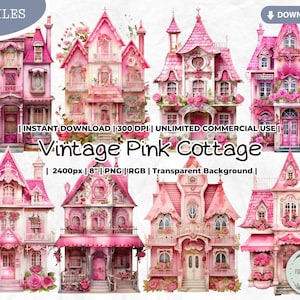 Vintage Pink Cottage Clipart Bundle, Victorian, French, Fairytale, Home, Doll House, Fairy, PNG Junk Journal Paper Crafts Scrapbooking