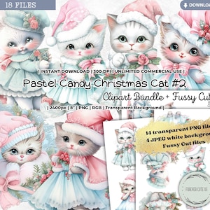 Pastel Candy Christmas Cat Clipart Bundle, Fussy Cut, Candyland, Winter, Holidays, Shabby Chic, PNG Digital Downloads Card Scrapbook Journal