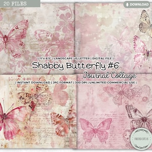 Shabby Schmetterling Junk Journal Collage Sheet, Frühling, Garten, Pastell, girly, verträumt, romantisch, Vintage, Rosen, druckbare digitale Papiere