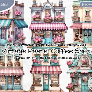 Vintage Pastell Café Clipart Bundle, Viktorianisch, Französisch, Märchen, Cafe, Bäckerei, Dessert, PNG Junk Journal Papier Handwerk Scrapbooking