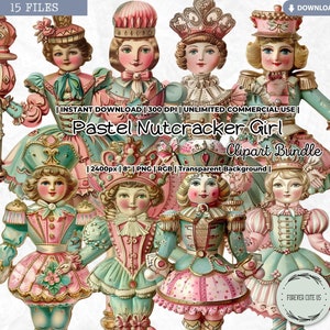 Pastel Nutcracker Girl Clipart, Pastel Natal, Revestido de Doce, Vintage, Retro, Balé, Bailarina Soldado de Brinquedo, Boneca de Papel, PNG Junk Journal