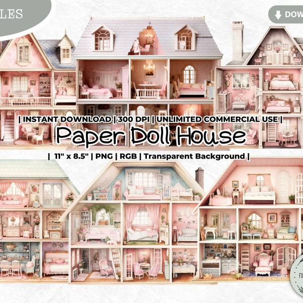 Paper Doll House Clipart Bundle, Furniture, Dollhouse, Printable, Collectible, Accessory, Digital, PNG, Scrapbook Junk Journal Paper Crafts