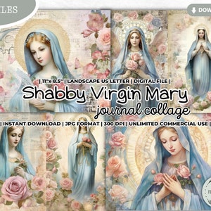 Shabby Virgin Mary Junk Journal Collage Sheet, Mother Mary, Catholic, Christian, Grace, Prayer, Gratitude, Religious, Pastel, Digital Paper