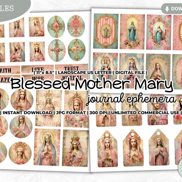 Blessed Mother Mary Junk Journal Tag, Label, Ephemera, Catholic, Prayer, Shabby, Kit, Scrapbooking, Digital Kit, Printable, Words, Pastel