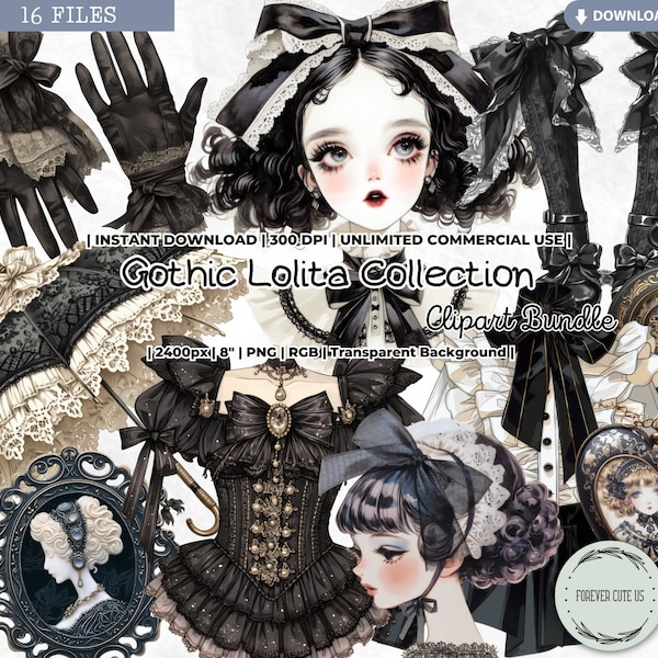 Gothic Lolita Collection Clipart Set, Retro Black Lace Dress Girl, Vintage, Dark Goth, Kawaii, Doll, Victorian, PNG Scrapbook Junk Journal