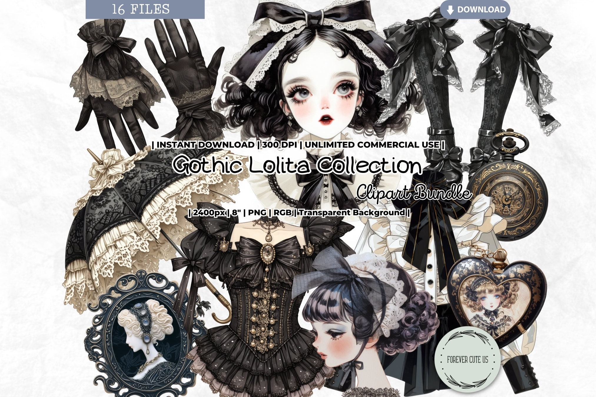 Gothic Lolita Collection Clipart Set, Retro Black Lace Dress Girl