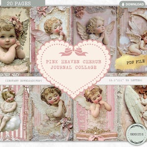 Pink Heaven Cherub Junk Journal Collage Sheet, Angelic Pink Angel Girl, Neonata, Festa della mamma, Vintage, Memorabile, Carta stampabile