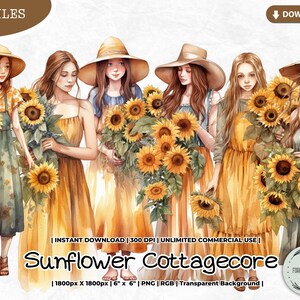 Sunflower Cottagecore Clipart, Harvest, Girl, Summer Fall Florals, PNG Digital Image Downloads for Card Making Scrapbook Junk Journal Crafts