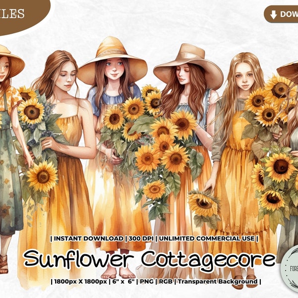 Sonnenblume Cottagecore Clipart, Ernte, Mädchen, Sommer Herbst Blumen, PNG digitale Bild-Downloads für Card Making Scrapbook Junk Journal Handwerk