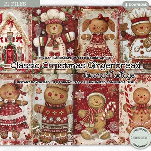Classico collage di diario di pan di zenzero di Natale, tradizionale, festività, casa di omino di pan di zenzero, menta piperita, caramelle, vintage, carta stampabile