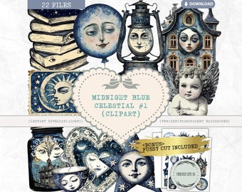 Midnight Blue Celestial Clipart Vol 1 PNG, Vintage Moon Star Sun Face, Mystic Night Sky Art, kieskeurig gesneden afdrukbare voor Junk Journal Crafts