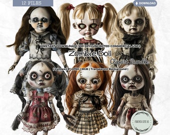 Zombie Girl Clipart Set, Halloween, Vintage, Retro, Spooky, Creepy Doll, Porcelain Doll, Horror, Printable, PNG Scrapbook Junk Journal