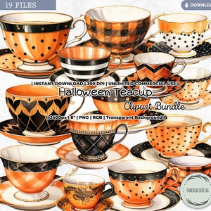 Pacchetto di clipart di tazze da tè di Halloween, vintage, autunno, Ringraziamento, ora del tè, festa del tè con acquerello, PNG, album di ritagli, diario di spazzatura, materiale effimero