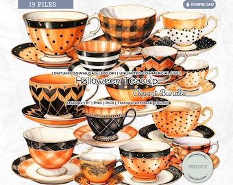 Halloween Teacup Clipart Bundle, Vintage, Fall, Autumn, Thanksgiving, Tea Time, Watercolor Tea Party, PNG, Scrapbook, Junk Journal, Ephemera